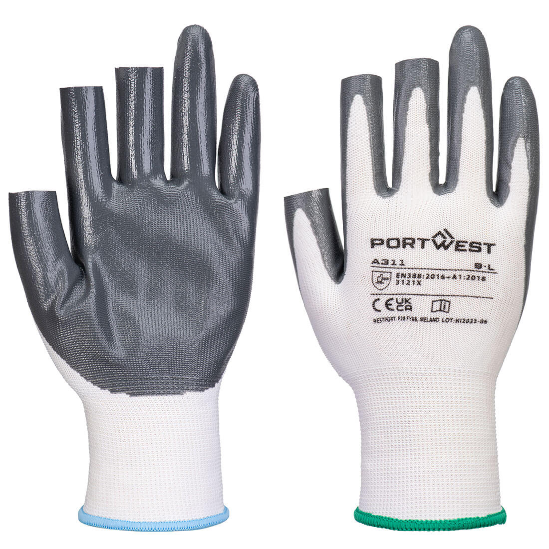 A311 - Grip 13 Nitril 3 vingerloze Handschoen (Pk12) - Portwest - Wit/Grijs