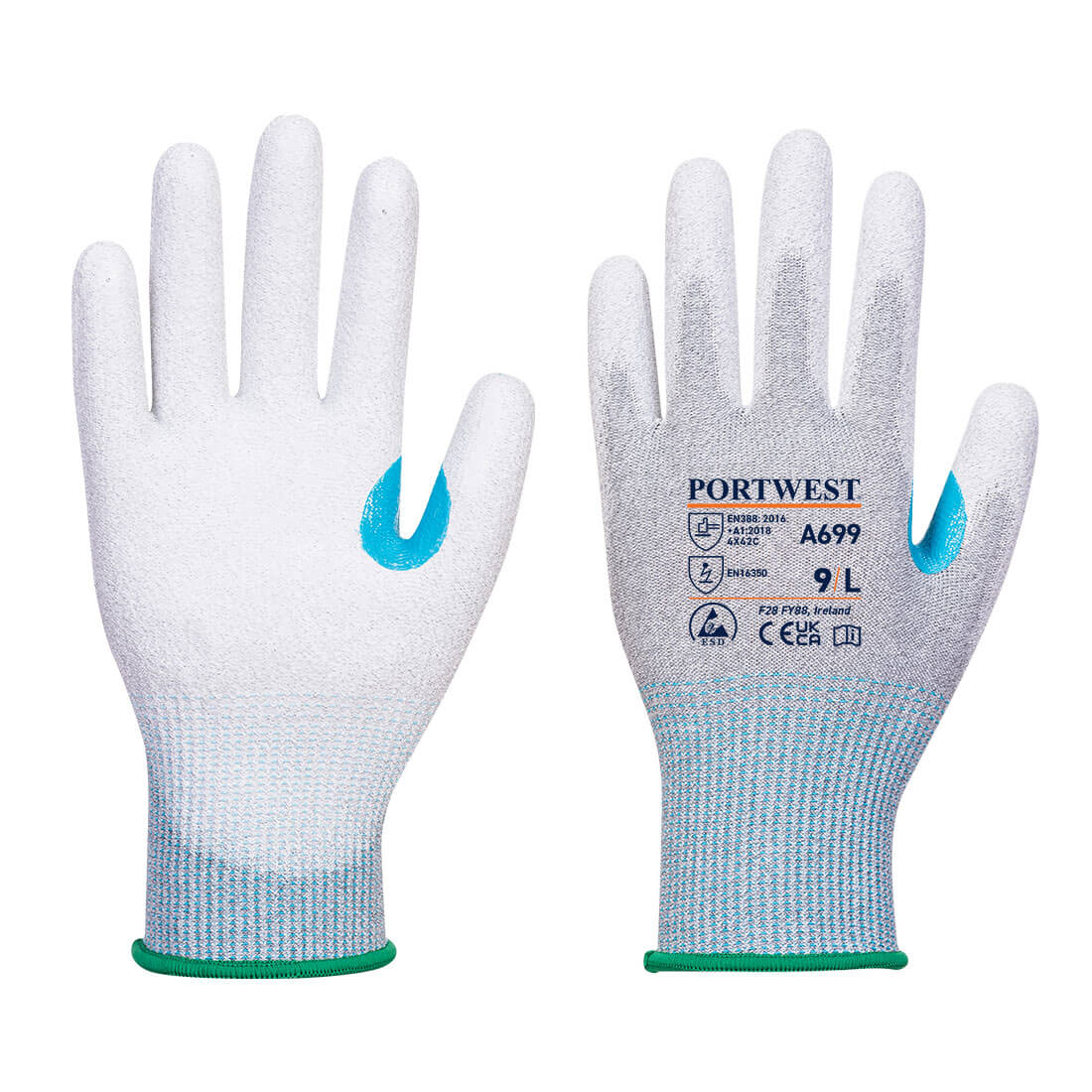 A699 - LR13 ESD PU Palm Handschoen - 12 pr. - Portwest - Grijs/Wit