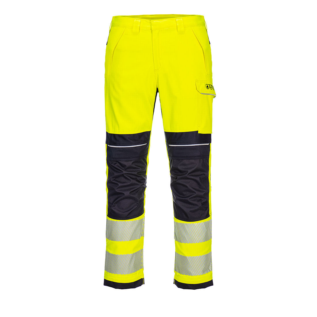 FR406 - PW3 Vlamvertragende Modaflame Hi-Vis werkbroek - Portwest - Geel/Marineblauw