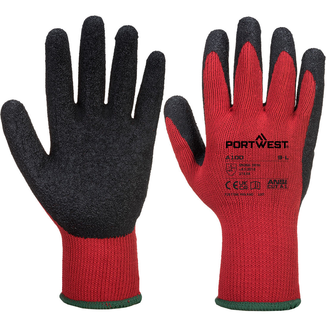A100 - Griphandschoen -  Latex - Portwest - Rood/Zwart