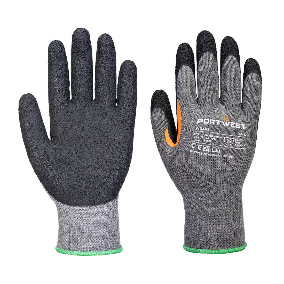 A106 - Grip 10 latex handschoen met versterkt duimkruis (Pk12) - Portwest - Grijs/Zwart