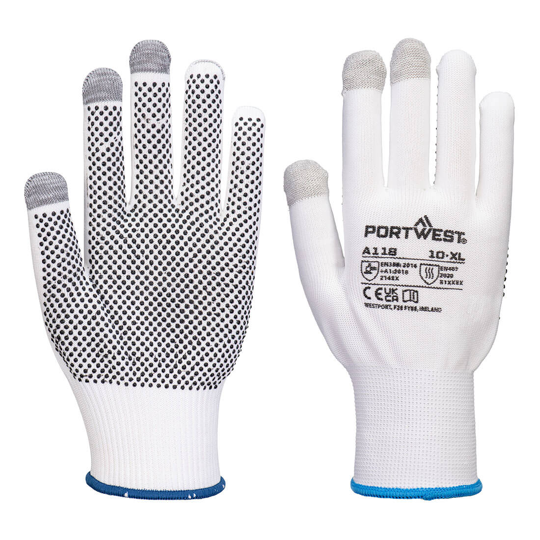A118 - Grip 13 PVC Touchscreen Handschoen met dots (Pk12) - Portwest - Wit/Grijs