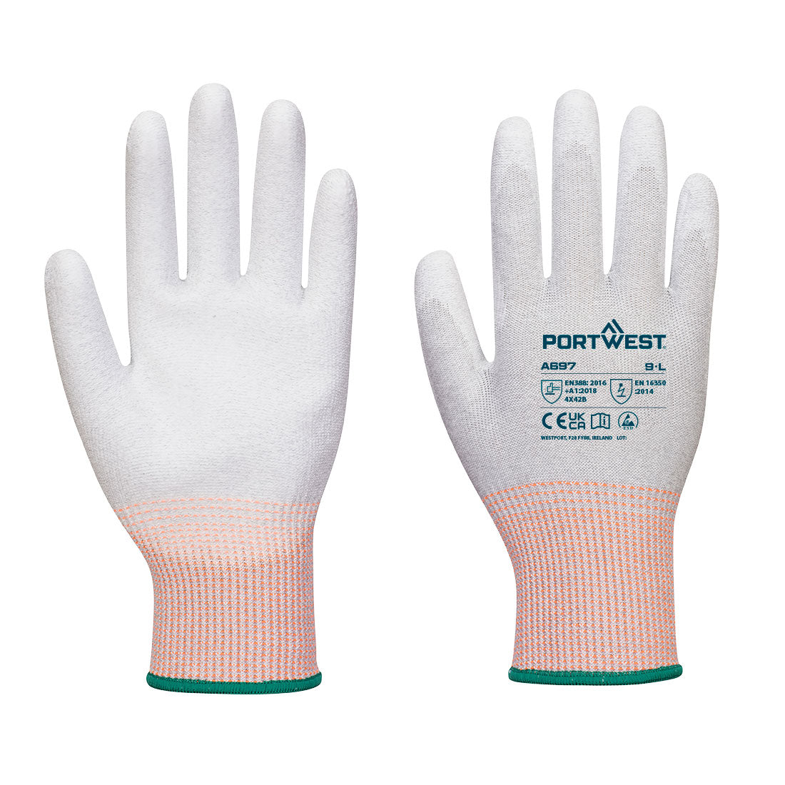 A697 - LR13 ESD PU Palm Handschoen  (12 pr) - Portwest - Grijs/Wit