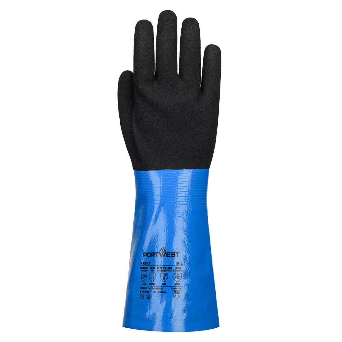 A850 - Chem Cut D 350 Nitrile Sandy Gauntlet - Portwest - Blauw/Zwart