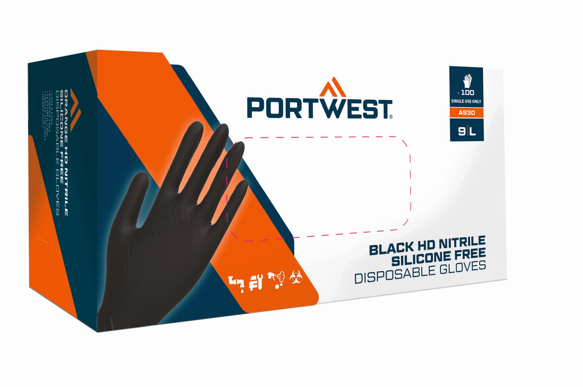 A930 - Oranje HD Wegwerphandschoen (Pk100) - Portwest - Zwart