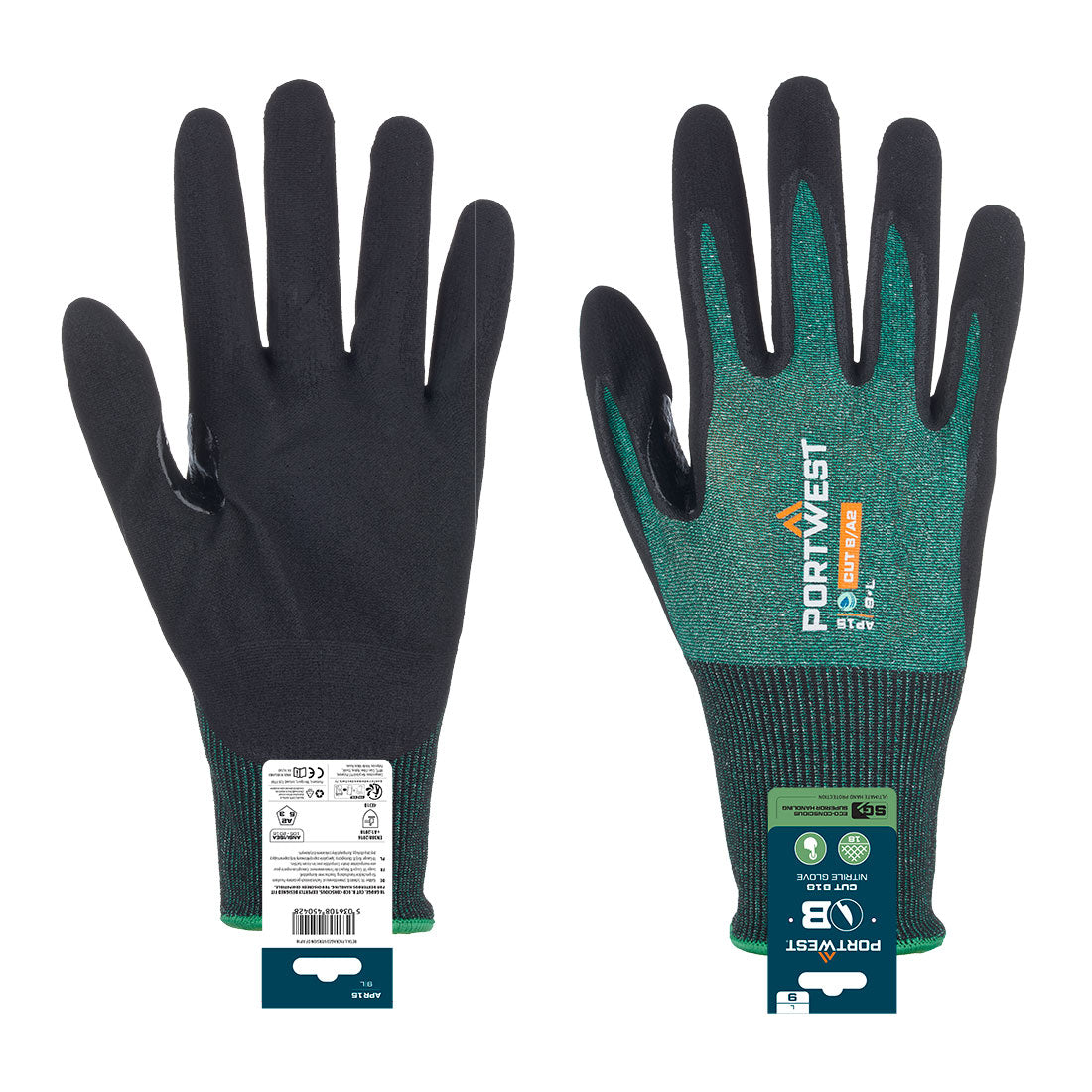 APR15 - SG snijbestendige B18 Nitril Handschoen  (Retail) - Portwest - Groen/Zwart