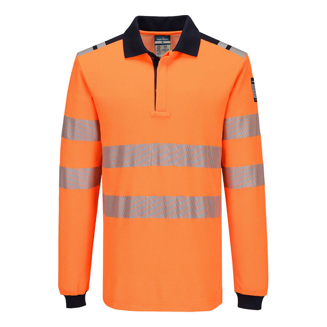 FR734 - PW3 Modaflame Knit HVO  Vlamvertragend Poloshirt met lange mouw - Portwest - Oranje/Marineblauw