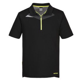 DX4 Polo Shirt S/S DX410 in black with contrasting zip. A link to the product page is included.