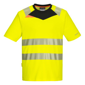 DX4 Hi-Vis T-Shirt S/S DX413 in yellow and black with segmented reflective tape. A link to the product page is included.