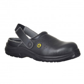 Portwest Compositelite ESD Perforated Safety Clog SB AE FC03 in black. A link to the product page is included.