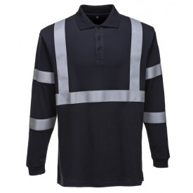 Flame Resistant Anti-Static Long Sleeve Polo Shirt with Reflective Tape FR03 in navy with reflective tape. A link to the product page is included.