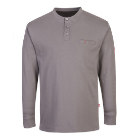 Bizflame Knit Antistatic FR Henley FR32 in grey with button placket and long sleeves. A link to the product page is included.