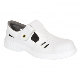 Steelite Ebro Safety Sandal S1 ESD FO SR Class 3 FW48 in white. A link to the product page is included.