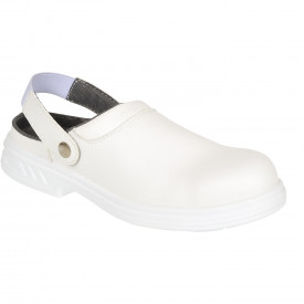 Steelite Safety Clog SB FO SR WPA AE FW82 in white with heel strap. A link to the product page is included.