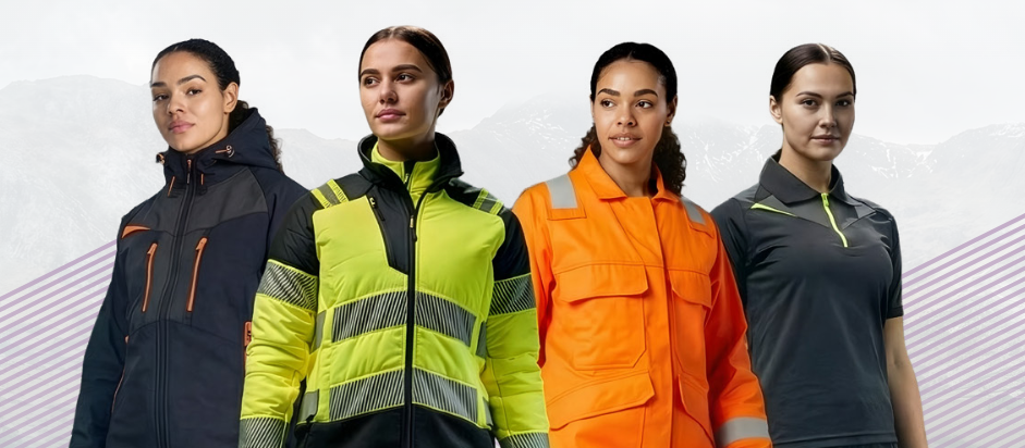 Four women in workwear. They stand side by side. In the background, you can see a pale mountain landscape and a striped pattern.