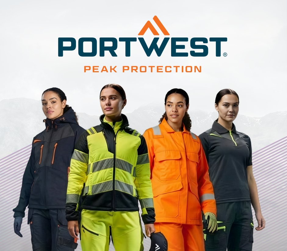 Four women in workwear standing side by side. In the background there is a faded mountain landscape with a striped pattern. Above them is the blue and orange Portwest logo.