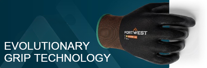 Blue banner with a single black glove and a white headline: Evolutionary Grip Technology.