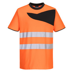 PW2 Hi-Vis Cotton Comfort T-Shirt S/S PW213 in orange and black with reflective strips. A link to the product page is included.