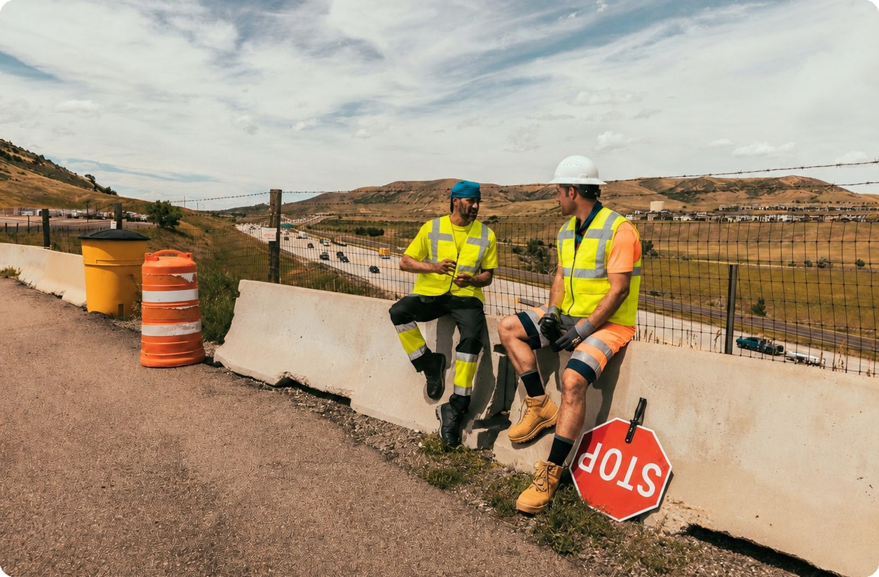 Two workers are sitting on a concrete barrier at the roadside. They are wearing short high-visibility clothing and cooling vests. In the background there is a barren mountain landscape and a cloudy blue sky. A link to our cooling vests is included.