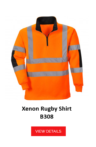High-visibility rugby shirt Xenon B308 in orange with blue details and reflective stripes. A link to the article page is provided.