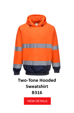 Two-tone hooded sweatshirt B316 in orange with blue details and reflective stripes. A link to the article page is provided.
