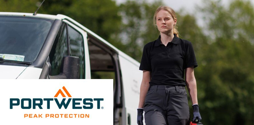Blond woman in a black polo shirt, gray work trousers, and gloves, carrying a toolbox. In the background, you can see blurred green trees and a gray-blue sky. To her left is a white van with an open sliding door. The blue and orange logo of the manufacturer Portwest, against a white background, fills the bottom left corner.