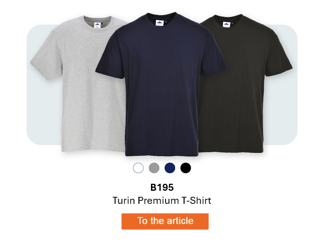 Image of the B195 Premium T-Shirt Turin in three versions: gray, dark blue, and black on a light gray background with rounded corners. A link to the article is provided.
