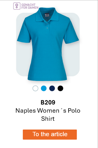 Image of the B209 Women's Naples Polo Shirt in blue against a light gray background with rounded corners. A link to the article is provided.