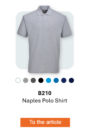 Image of the B210 Men's Naples Polo Shirt in gray against a light gray background with rounded corners. A link to the article is provided.
