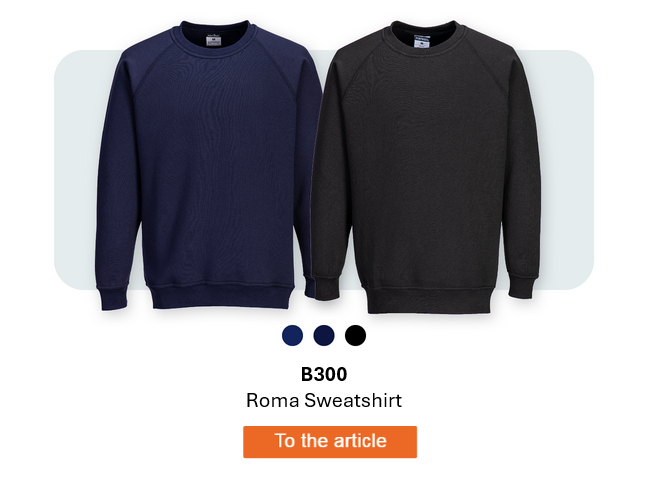 Image of the B300 Roma sweatshirt in two versions: dark blue and black on a light gray background with rounded corners. A link to the product is provided.