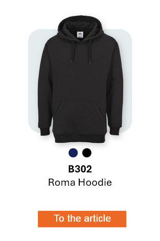 Image of the B302 Roma hoodie in black on a light gray background with rounded corners. A link to the product is provided.