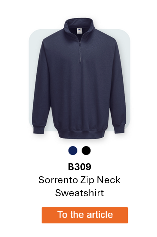 Image of the B309 Sorrento zip-up sweatshirt in blue on a light gray background with rounded corners. A link to the product is provided.