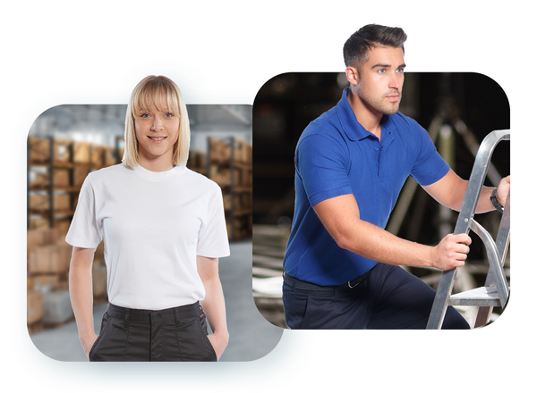 Image of a woman with a blonde pageboy haircut wearing a white T-shirt and black trousers in front of a parcel warehouse, and an image of a brunette man wearing a blue polo shirt and blue trousers on a ladder.