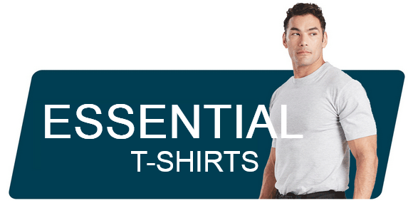Blue banner with the words Essential T-Shirts and an image of a dark-haired man in a white T-shirt.