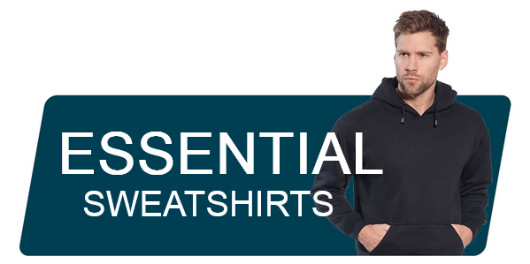 Blue banner with the words "Essential Hoodies and Sweatshirts" against an image of a brunette man wearing a black hoodie.