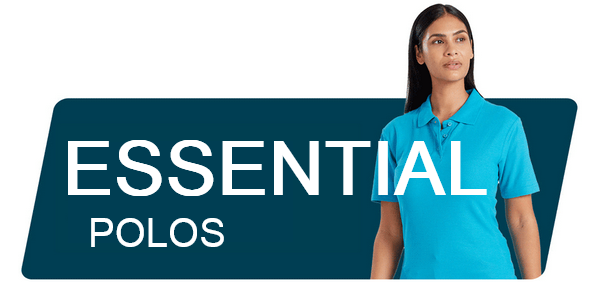 Blue banner with the words "Essential Polo Shirts" and an image of a dark-haired woman wearing an aquamarine polo shirt.