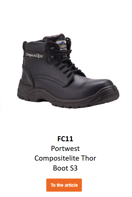 Image of the Portwest Compositelite Thor S3 FC11 boot in black. A link to the product page is included.