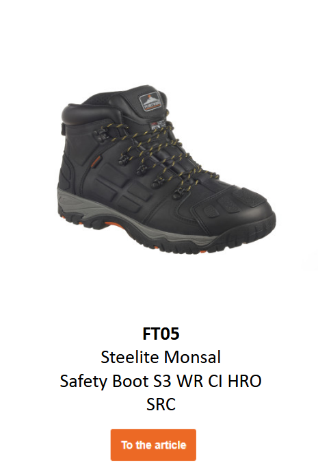 Image of the Steelite Monsal safety boot S3 WR CI HRO SRC FT05 in black with grey details. A link to the product page is included.