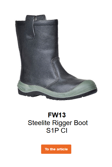 Image of the Steelite Rigger safety boot S1P CI with reinforced toe cap FW13 in black with grey details. A link to the product page is included.