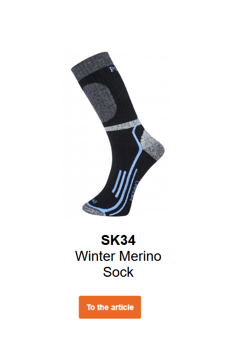 Image of the Merino winter socks SK34 in black with grey and blue details. A link to the product page is included.