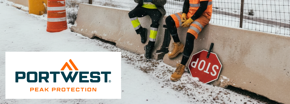 Two workers sit on a concrete road barrier. A stop sign leans against them, and traffic cones and a snowy area are visible in the background. The manufacturer's logo, Portwest, in orange and blue on a white background, is located in the lower left corner.