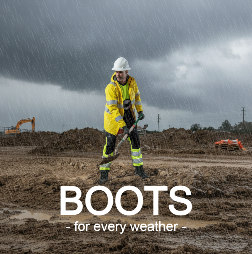 Man working with a shovel on a muddy construction site. He is wearing yellow high-visibility clothing and winter boots. At the bottom edge of the image it says 'Boots &ndash; for any weather'.