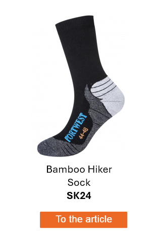 Image of the SK24 bamboo hiking socks in black with grey, white and blue details. A link to the article page is provided.