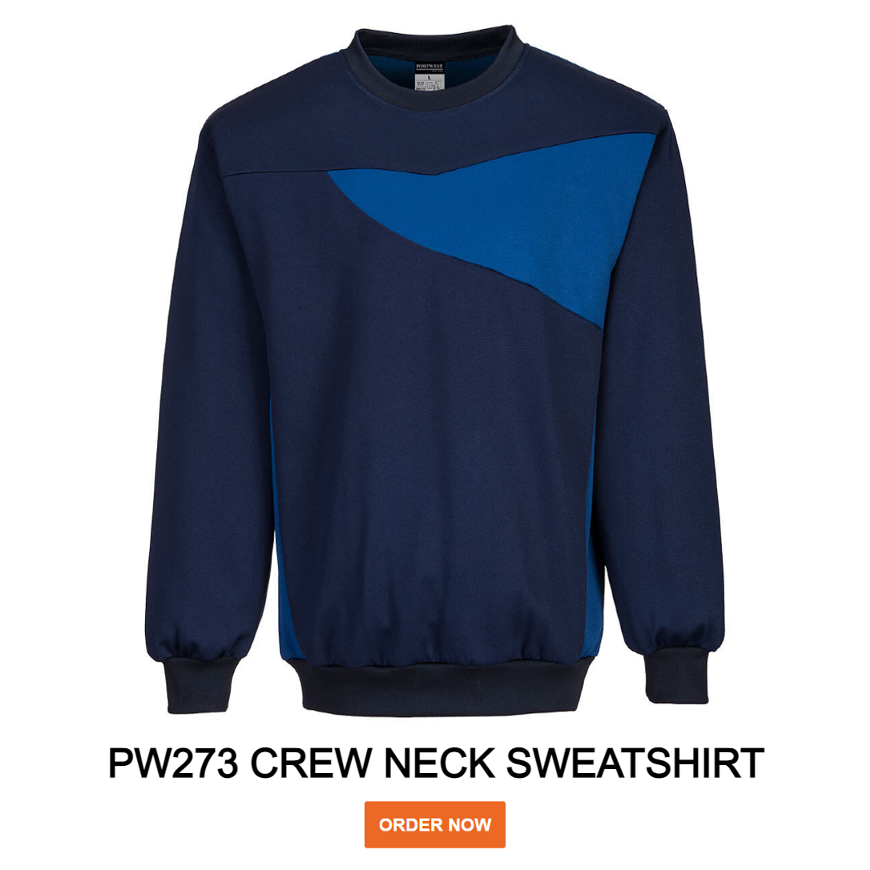 Example image of the PW273 crew neck sweatshirt in blue-navy with a link to the article.