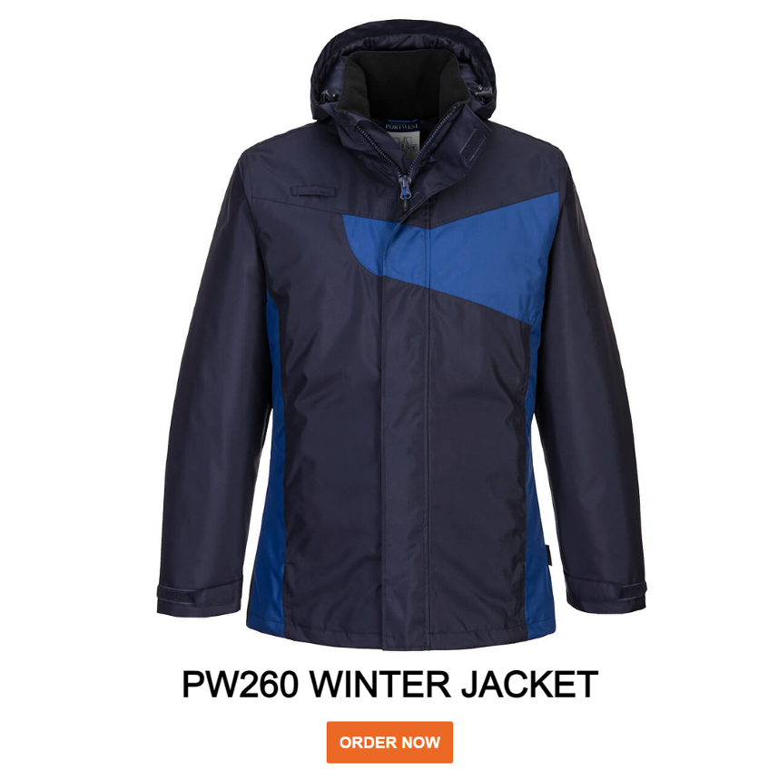 Example image of the PW260 winter jacket in blue-navy with a link to the article.
