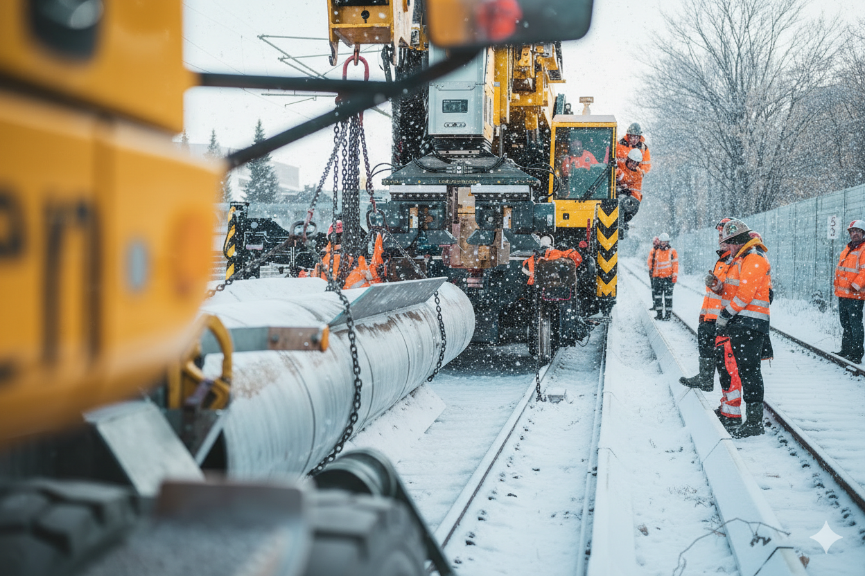 A snow-covered construction site along a railway track. A rail-mounted excavator transports large pipes. Next to the excavator, several workers are wearing orange high-visibility winter workwear. On the right side of the image, a snow-covered fence and bare, snow-covered trees can be seen.