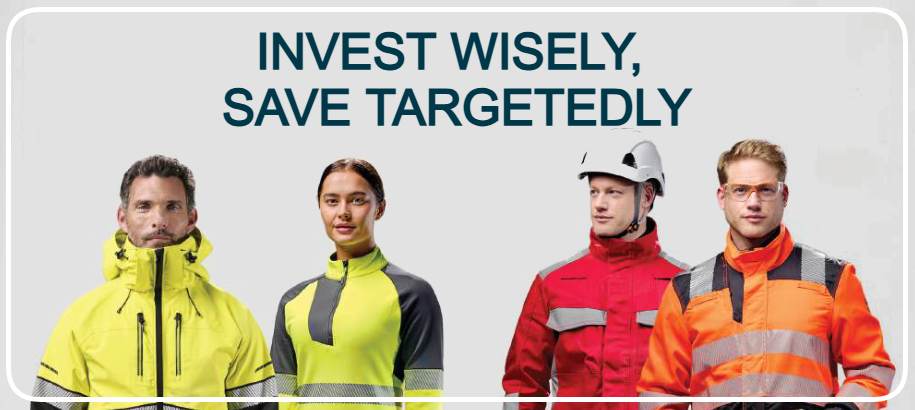 Four workers in yellow, red, and orange high-visibility workwear against a gray background. Above them is the headline in blue capital letters: Invest Wisely, Save Targetedly.