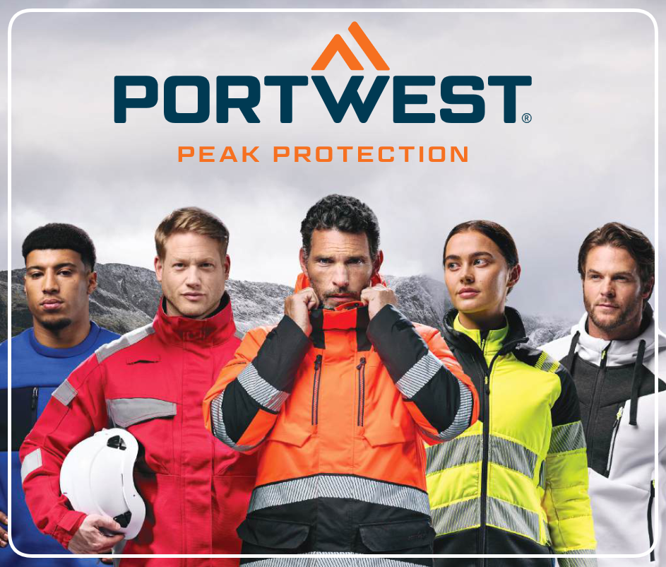 Five workers wearing blue, red, orange, yellow and white workwear. In the background is a snowy mountain landscape with a grey sky. Above it is the blue and orange Portwest logo.