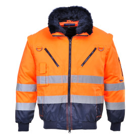 3-in-1 high visibility pilot jacket PJ50 in blue and orange. Link to product included.