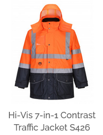Waterproof, breathable 7-in-1 high-visibility contrast traffic jacket S426 in orange and blue with fluorescent stripes and a link to the article.